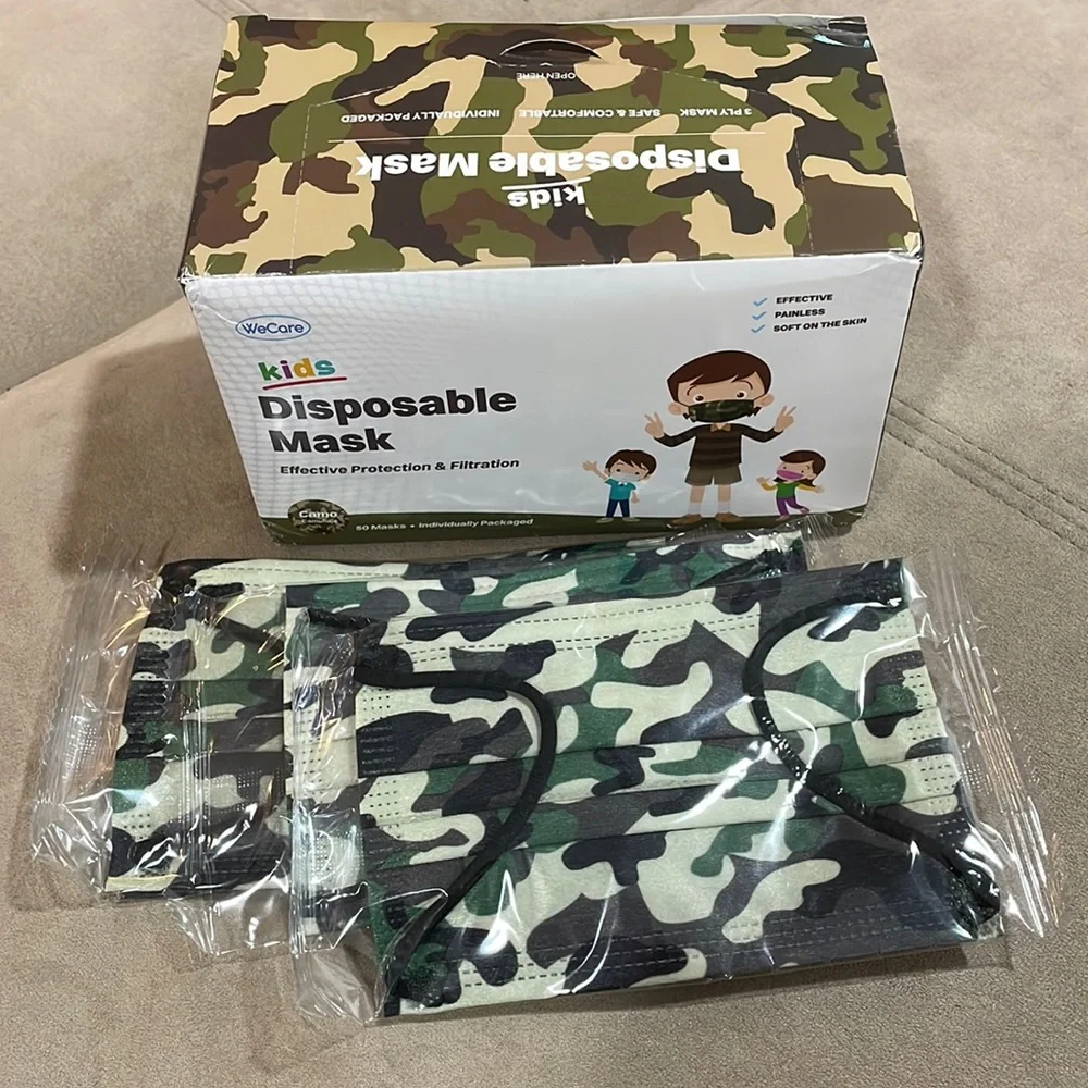 Childs Camouflage Camo Disposable Face Masks For Kids 42 total NEW Wrapped